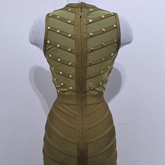 Hera Collection Studded Sexy Illusion  Mesh Bandage Bodycon Small Army Green - Picture 10 of 13